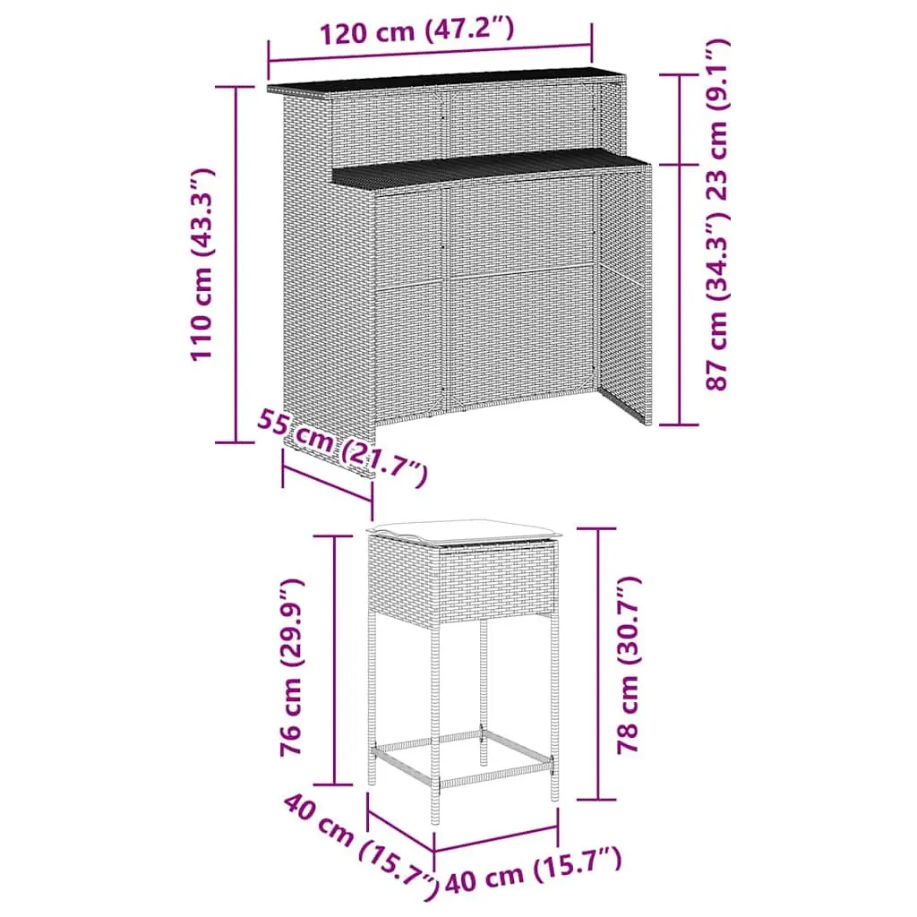3-Piece Outdoor Garden Bar Set in Grey