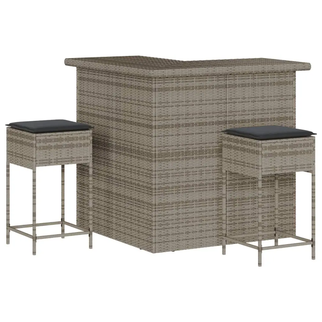 Garden Bar Set Grey 3 Piece Outdoor Furniture Rattan Stools with Cushions