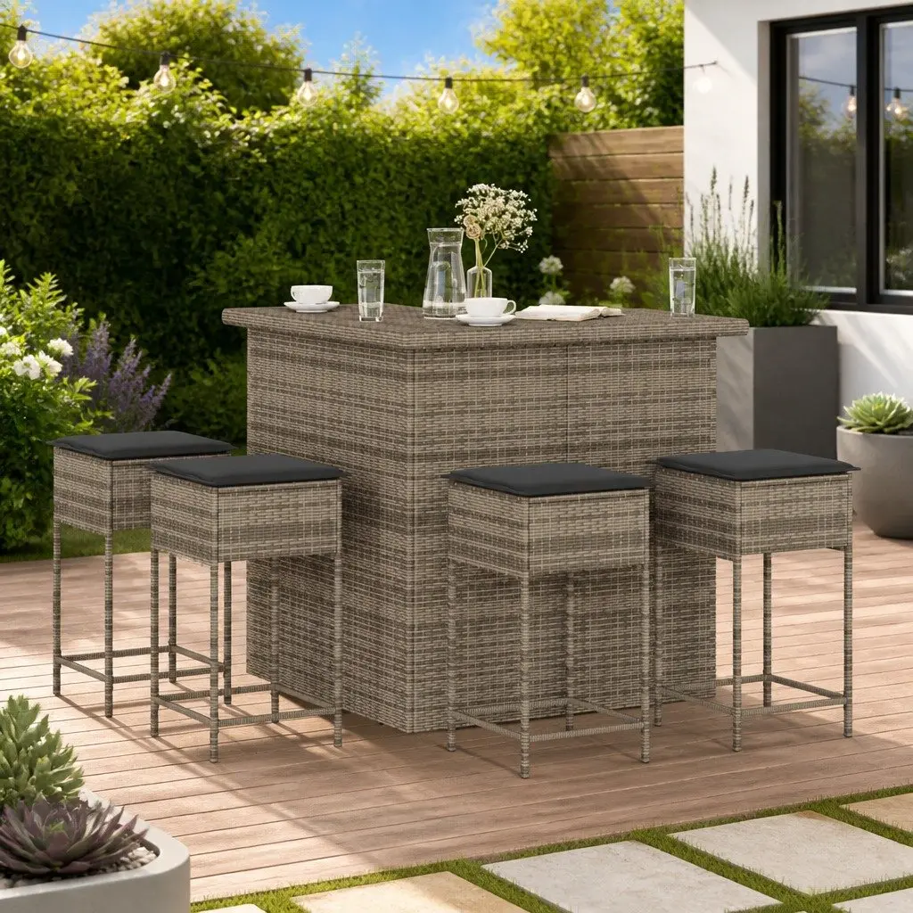 5 Piece Garden Bar Set Grey Rattan Outdoor Patio Furniture with Cushions