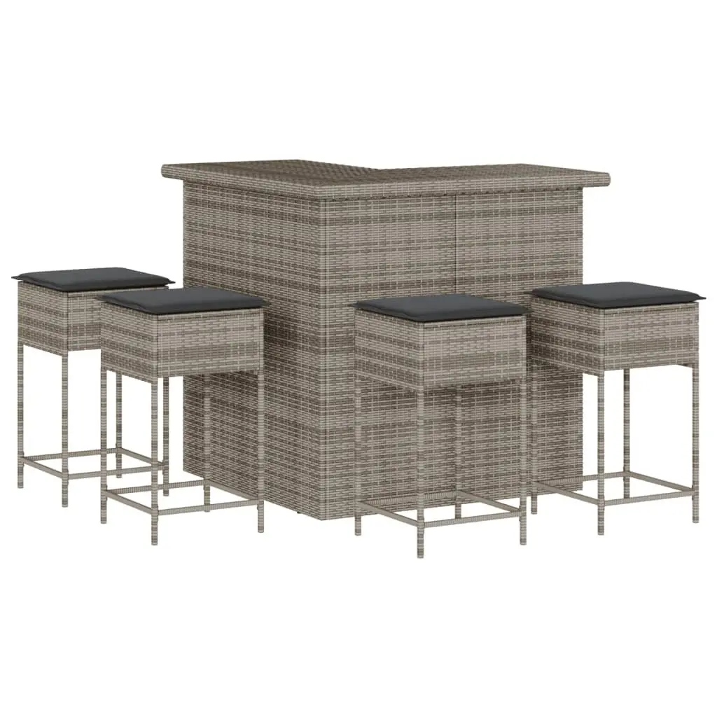 5 Piece Garden Bar Set Grey Rattan Outdoor Patio Furniture with Cushions