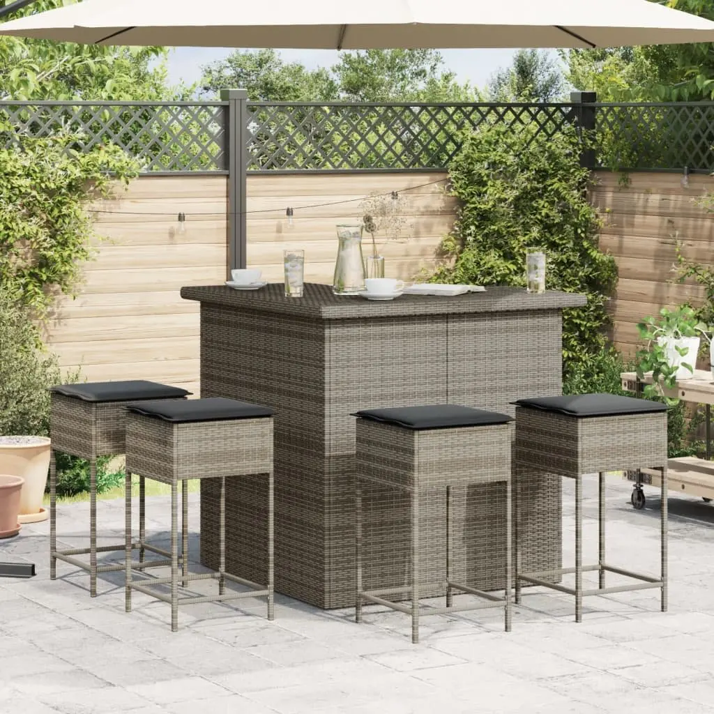 5 Piece Garden Bar Set Grey Rattan Outdoor Patio Furniture with Cushions