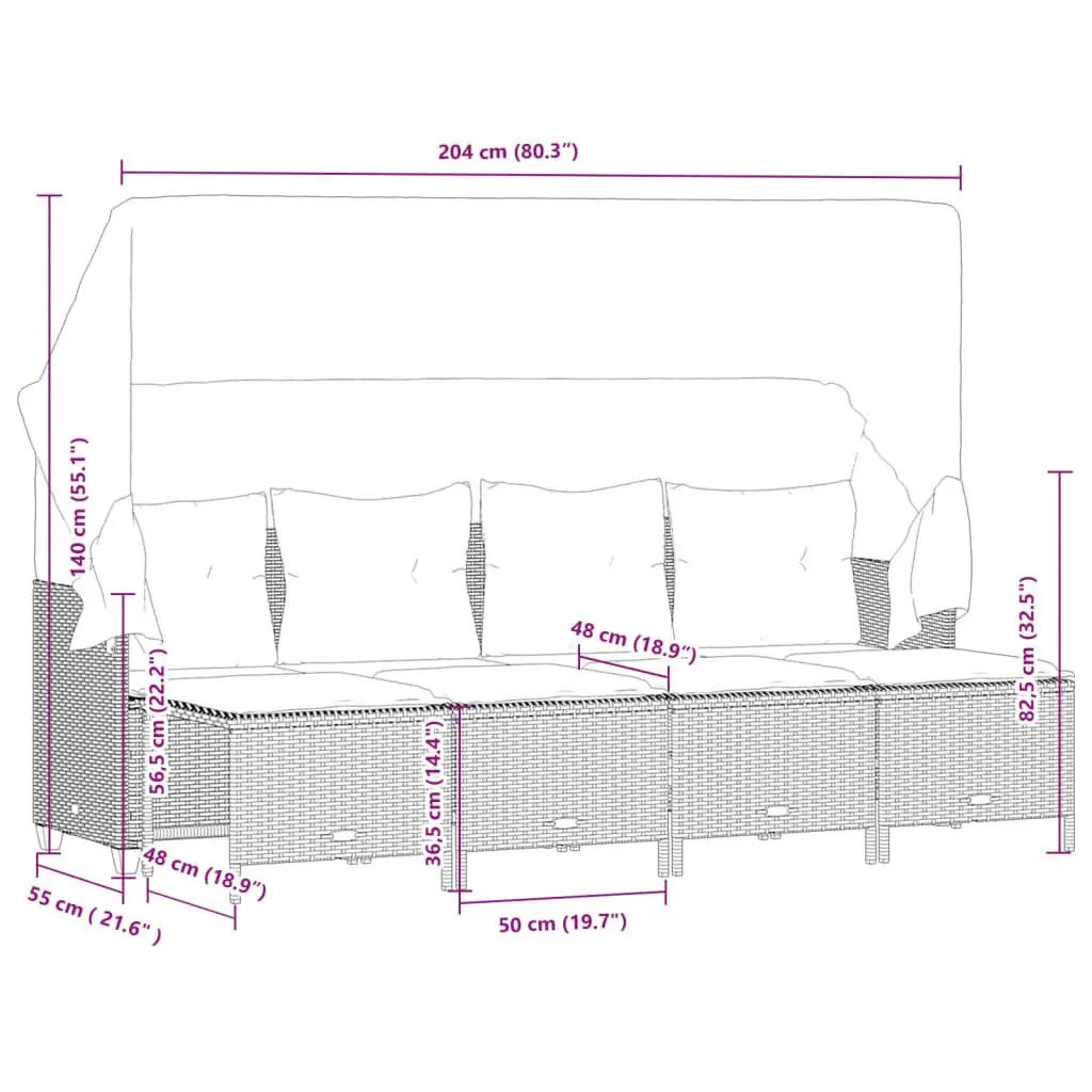 5 Piece Garden Sofa Set with Retractable Canopy Cushions Grey Outdoor Furniture