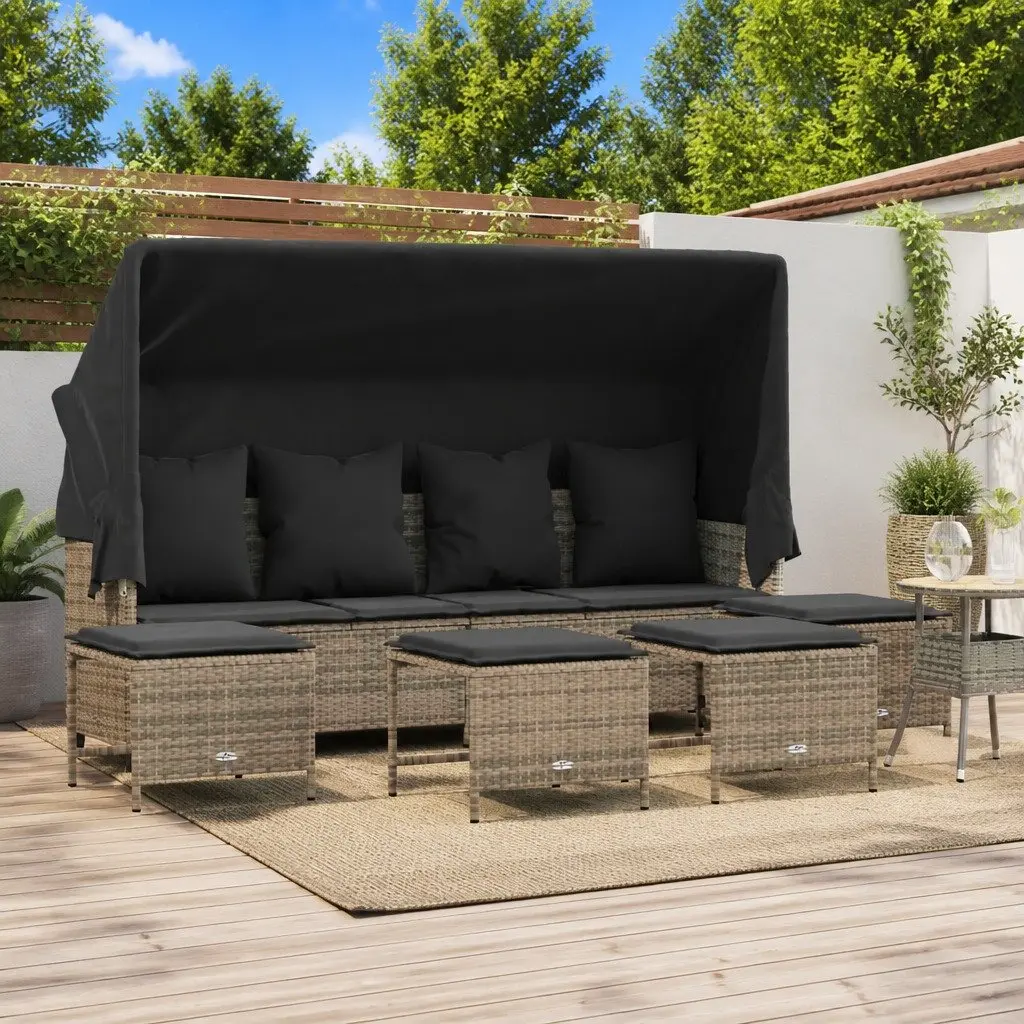 5 Piece Garden Sofa Set Grey Rattan Adjustable Backrest Footrest