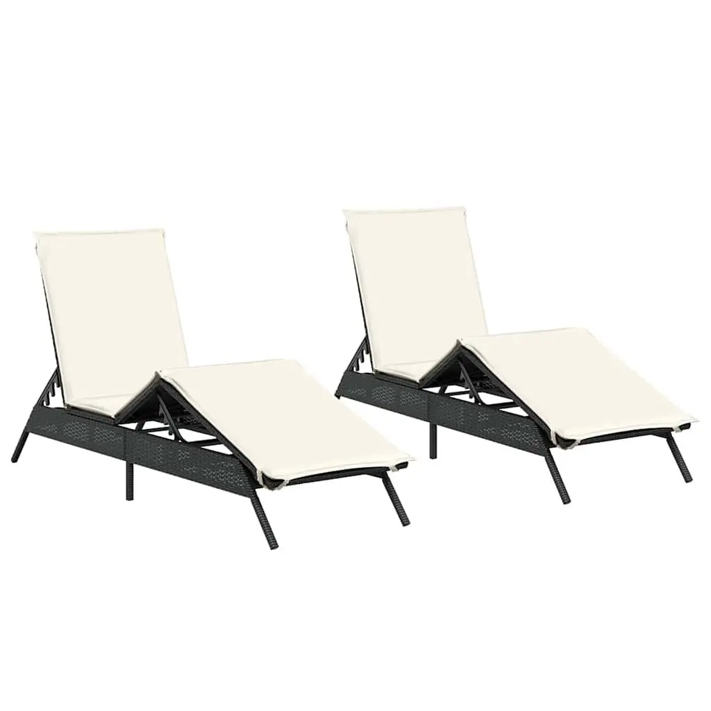 Sun Loungers Black 2 pcs Adjustable Backrest and Footrest with Thick Cushions Outdoor Garden Furniture