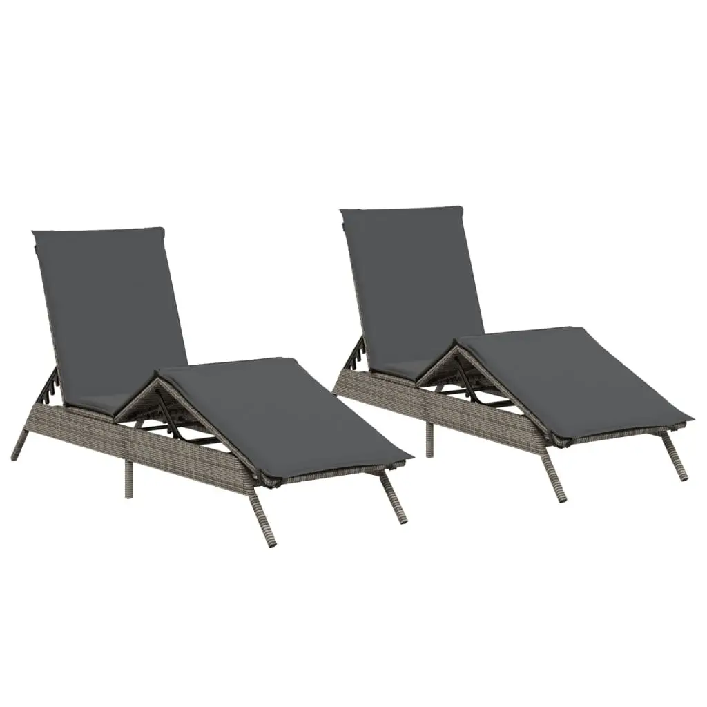 Sun Loungers Grey 2 pcs Adjustable Backrest Footrest Thickly Padded Cushions