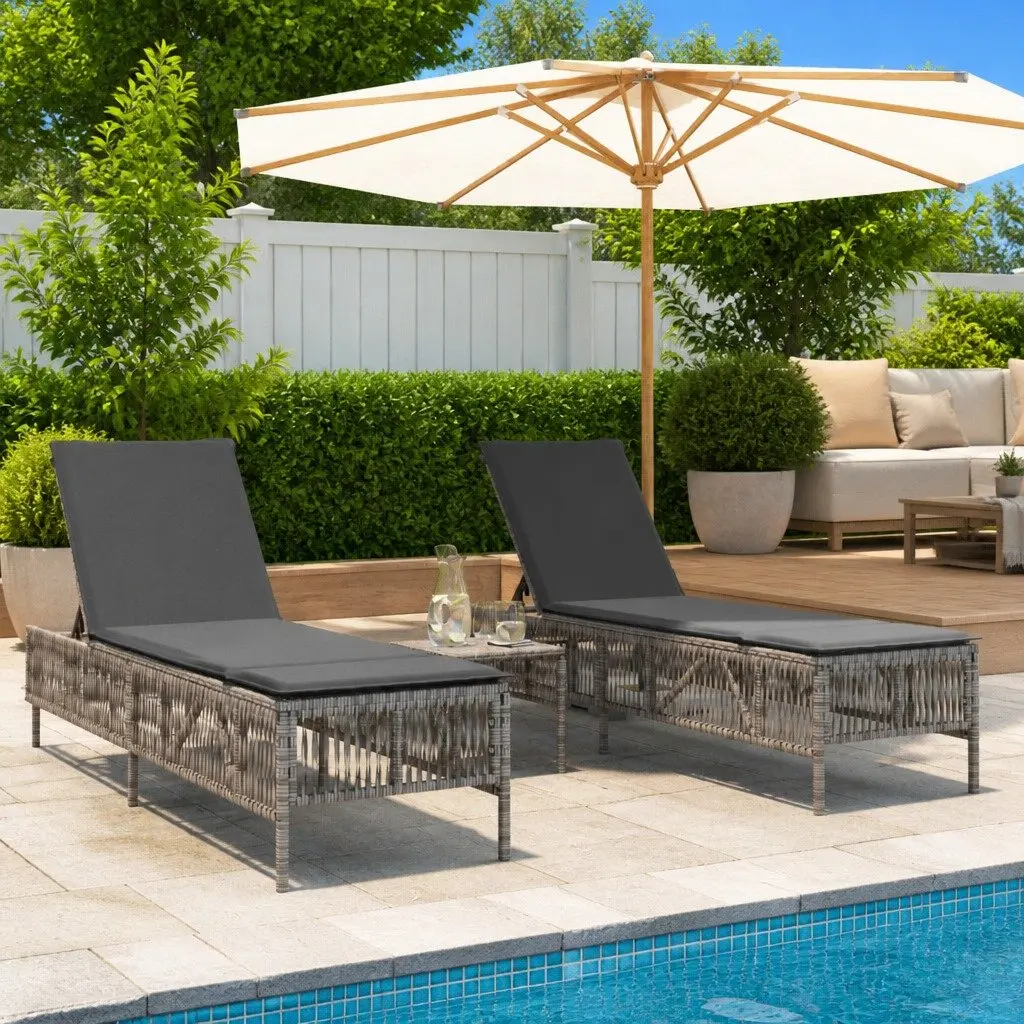 Sun Loungers Grey 2 Piece Outdoor Garden Reclining Chairs Adjustable Backrest Padded Cushions