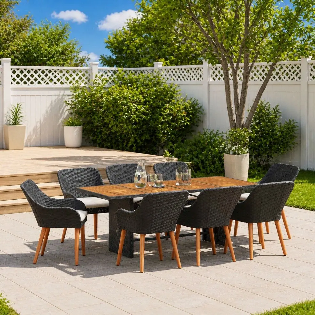 Garden Dining Set 9 Pieces Outdoor Furniture Black Poly Rattan Table Chairs