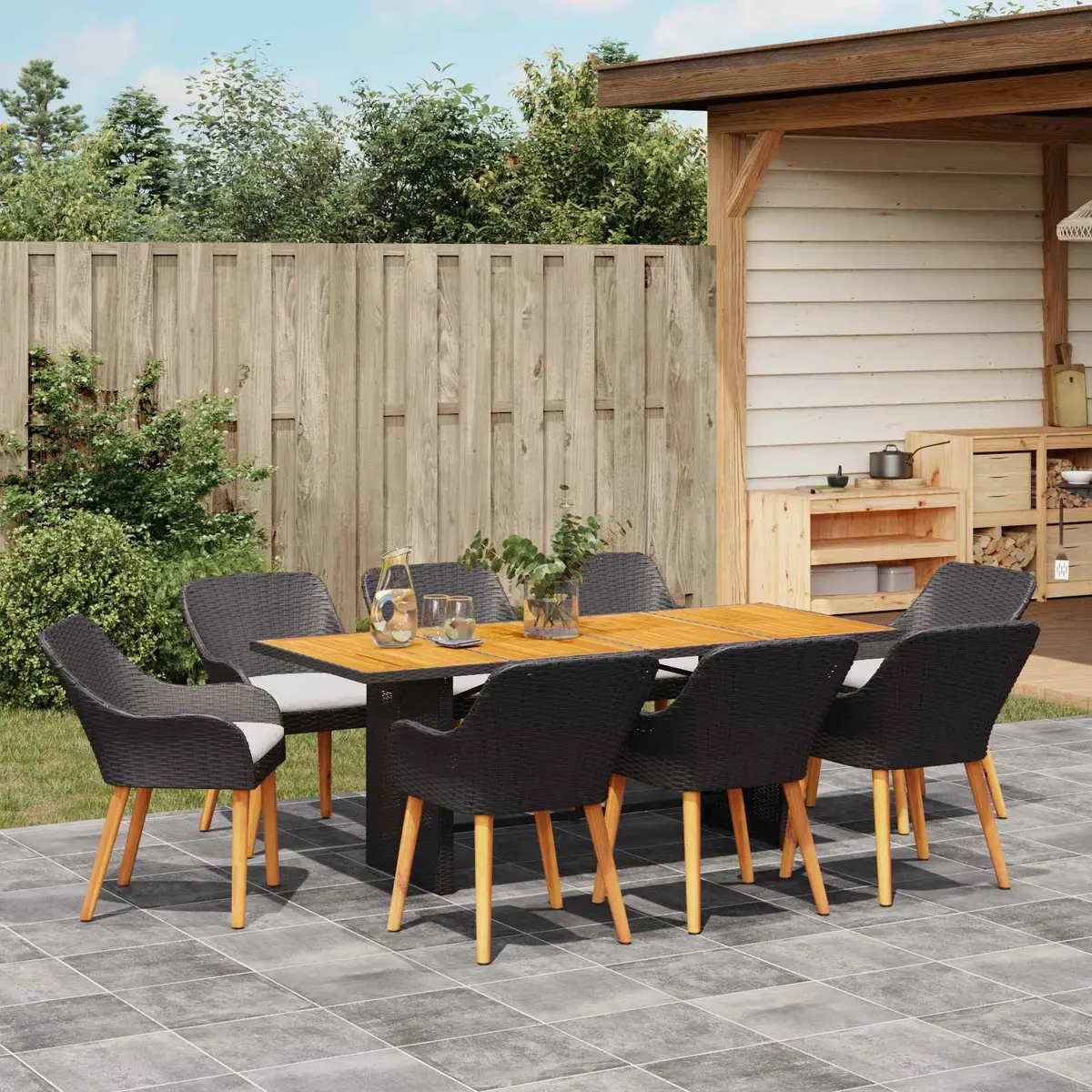 Garden Dining Set 9 Pieces Outdoor Furniture Black Poly Rattan Table Chairs