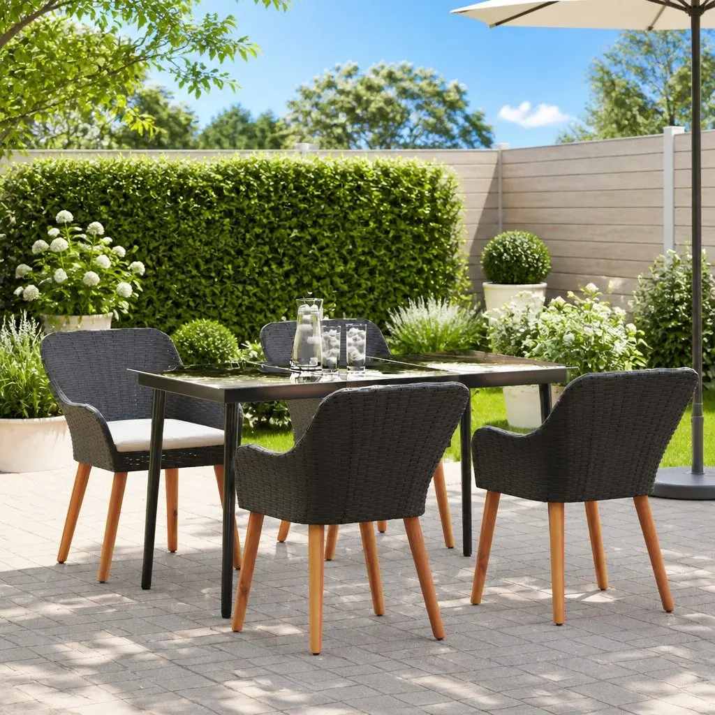 Outdoor Dining Set Black 5 Piece Poly Rattan Table Chairs Weather-Resistant Cushions