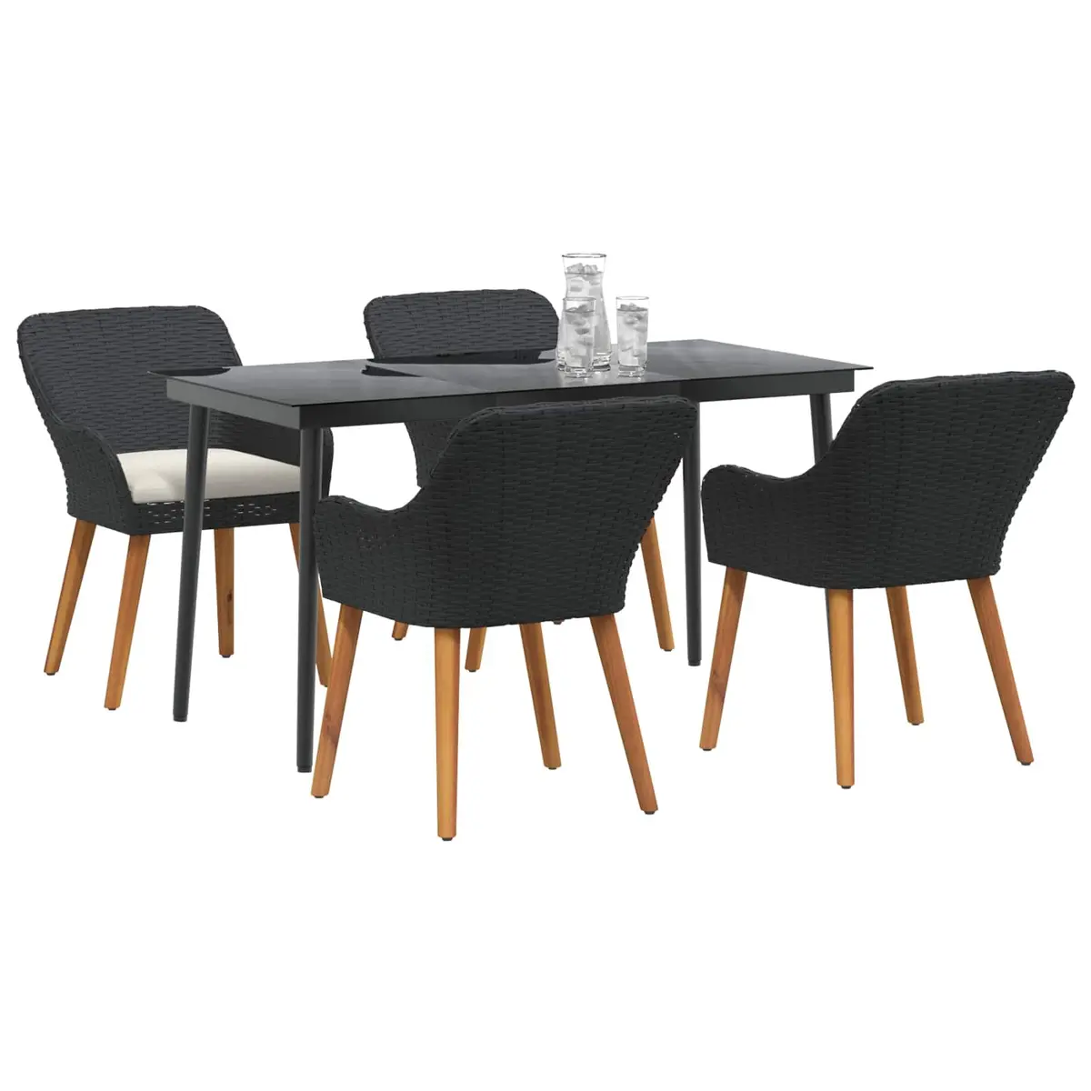 Outdoor Dining Set Black 5 Piece Poly Rattan Table Chairs Weather-Resistant Cushions