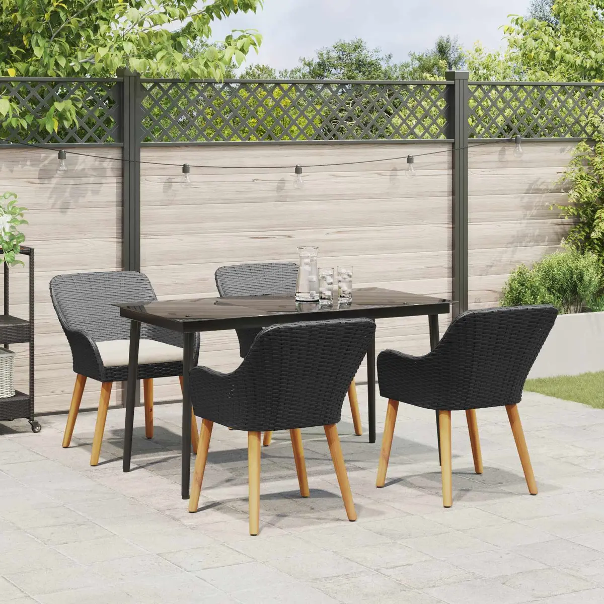 Outdoor Dining Set Black 5 Piece Poly Rattan Table Chairs Weather-Resistant Cushions