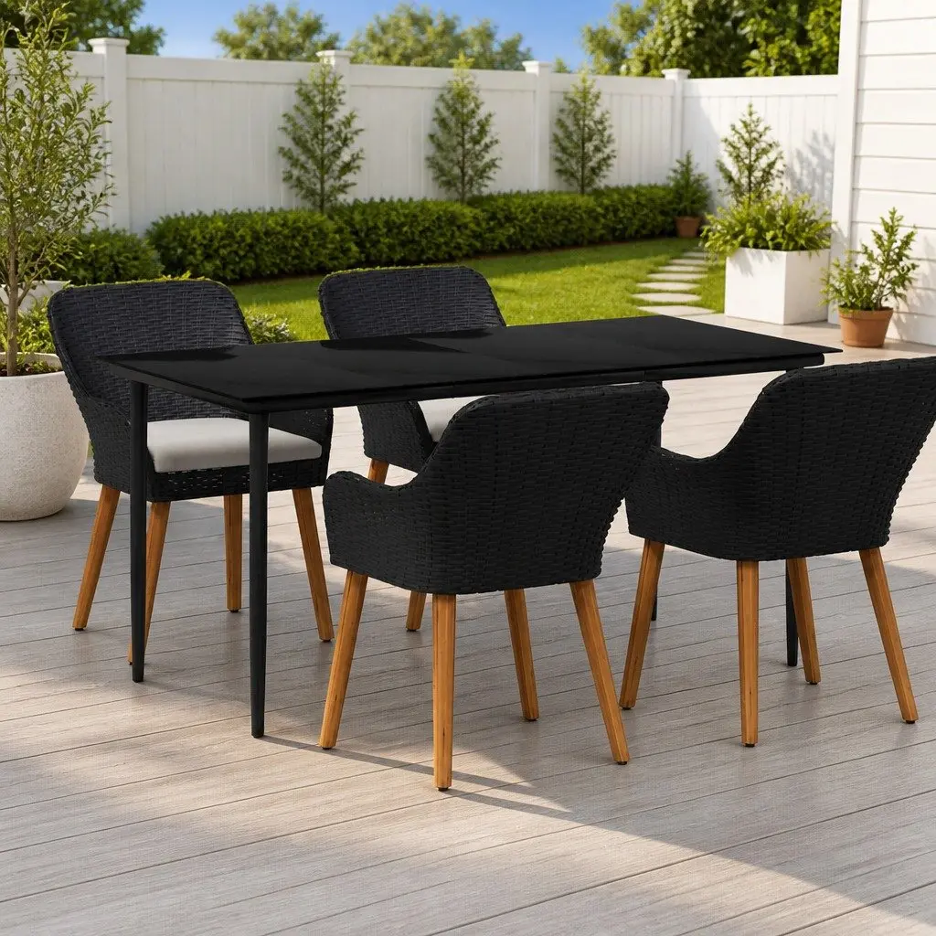 Outdoor Garden Dining Set 5 Piece Black Poly Rattan Table Chairs with Cushions