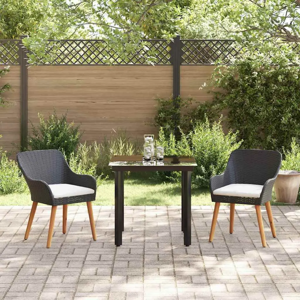 Garden Dining Set Black 3 Piece Poly Rattan Chairs Table Outdoor Patio