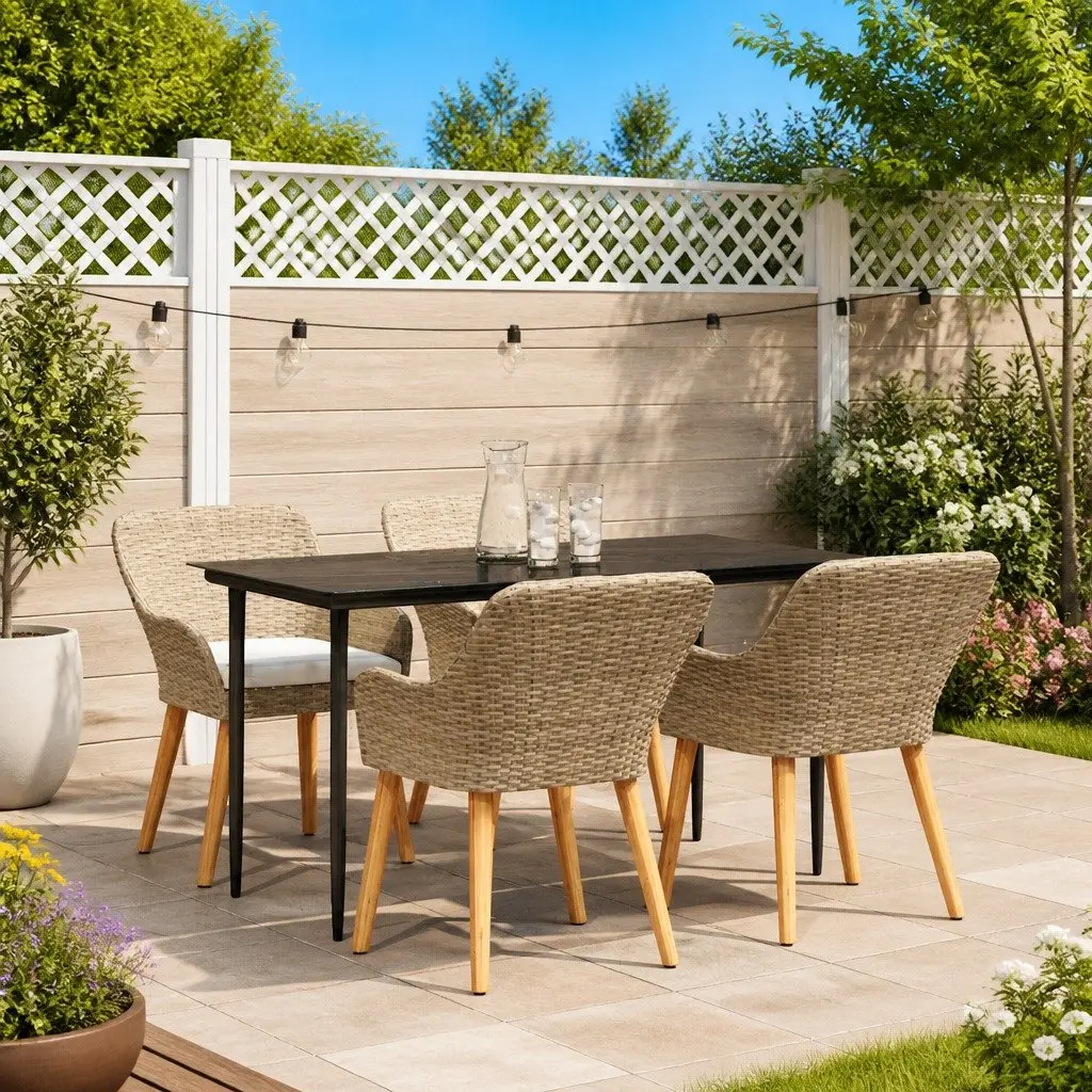 5 Piece Outdoor Dining Set Beige Poly Rattan with Tempered Glass Table and Weather Resistant Cushions