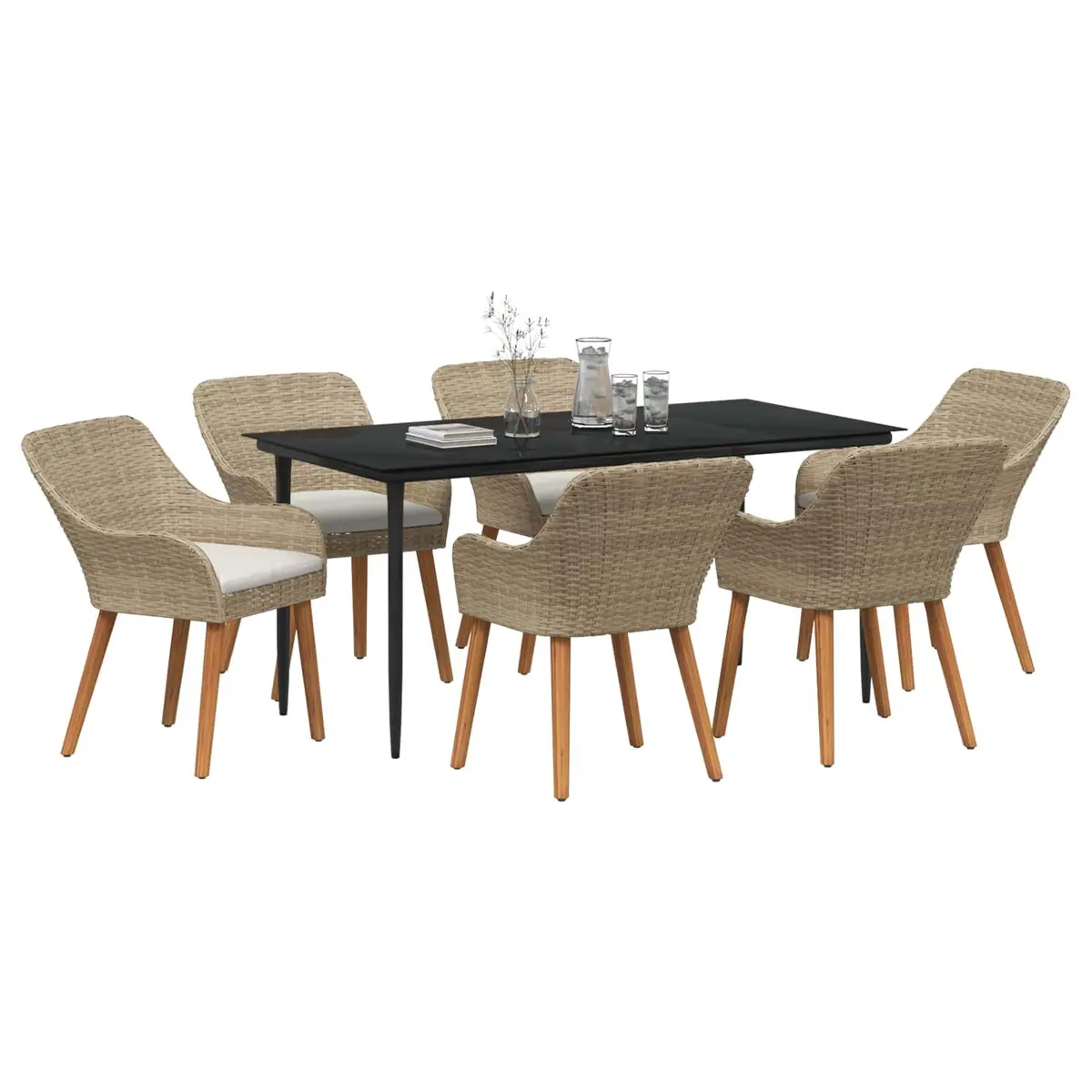 Garden Dining Set 7 Pieces Outdoor Furniture Poly Rattan Beige with Cushions