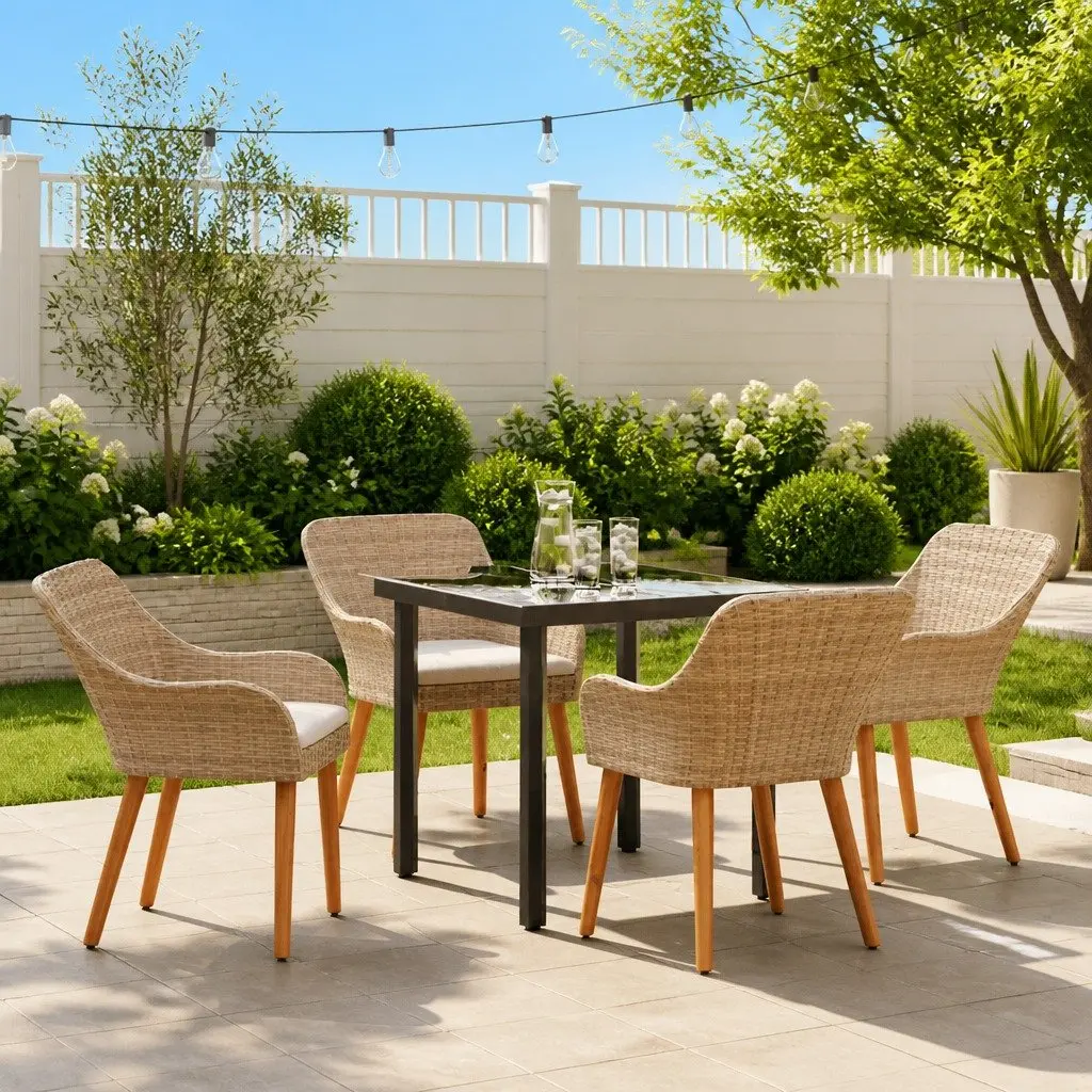 Outdoor Dining Set Beige 5 Piece Poly Rattan Patio Furniture with Cushions and Tempered Glass Table