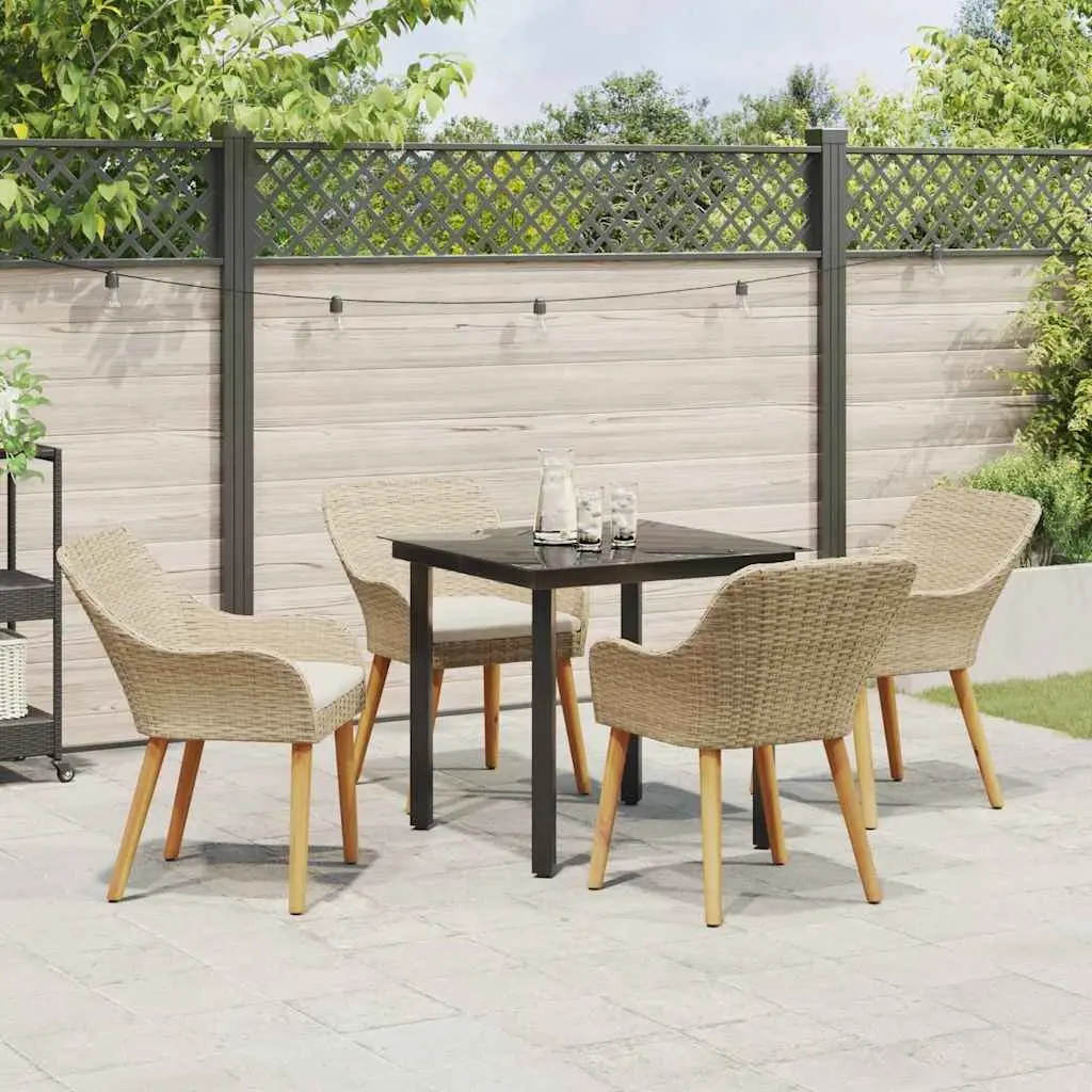 Outdoor Dining Set Beige 5 Piece Poly Rattan Patio Furniture with Cushions and Tempered Glass Table