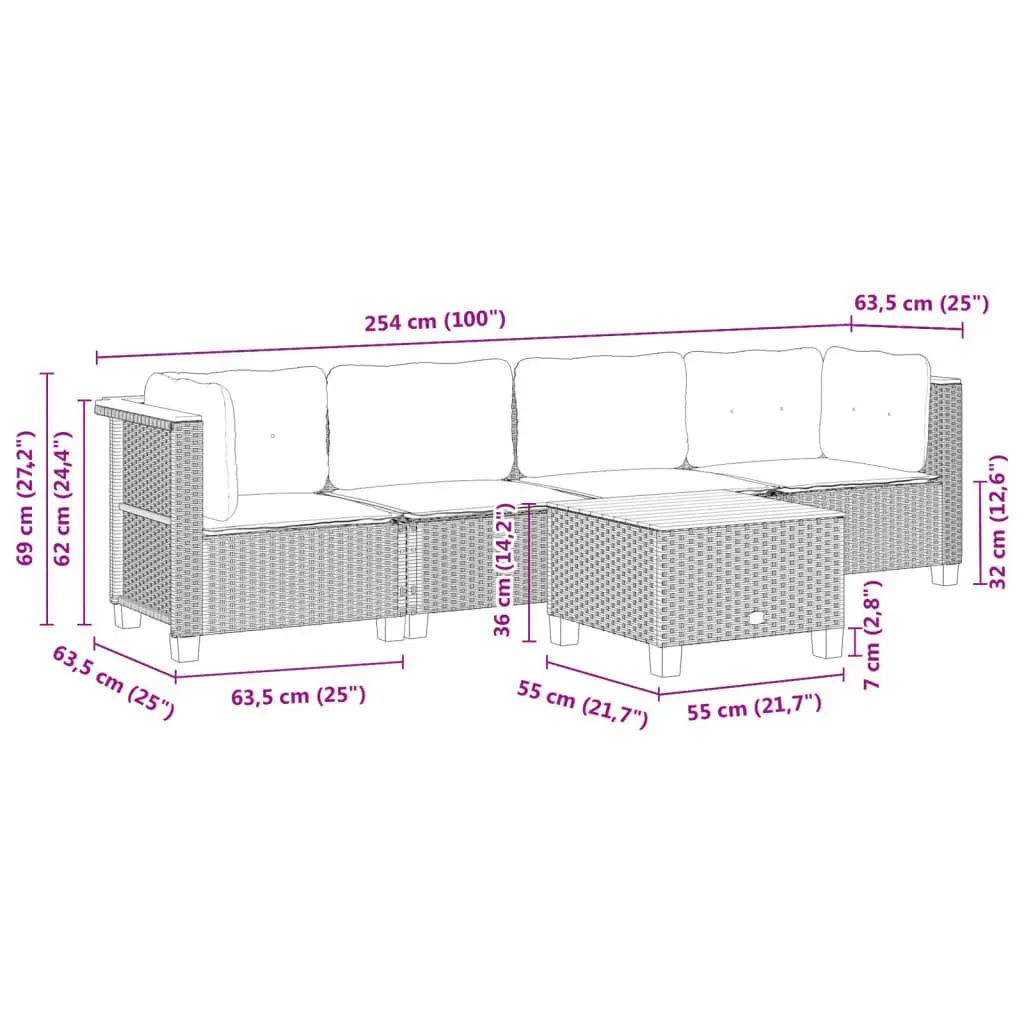 5 Piece Garden Sofa Set with Cushions Grey Outdoor Furniture Patio Rattan