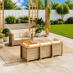 Garden Sofa Set 6 Piece Outdoor Furniture Beige Poly Rattan Patio Seating with