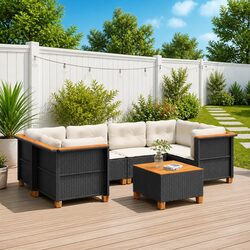 7 Piece Garden Sofa Set Outdoor Patio Furniture Black Poly Rattan with Cushions