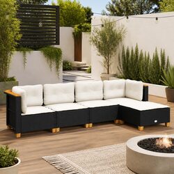5 Piece Outdoor Garden Sofa Set Black Poly Rattan with Cushions Patio Furniture