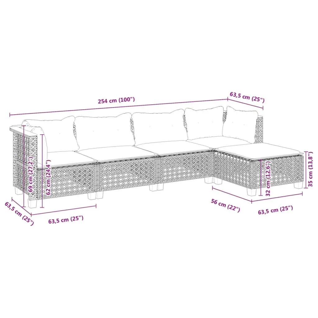 Garden Sofa Set Black 5 Piece Modular Outdoor Furniture with Cushions