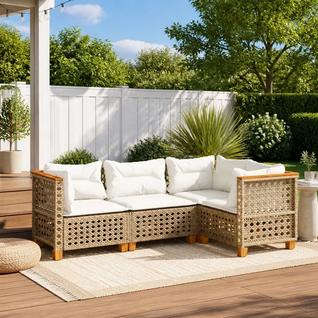 Outdoor Garden Sofa Set 4 Piece Beige Poly Rattan Patio Furniture with Cushions