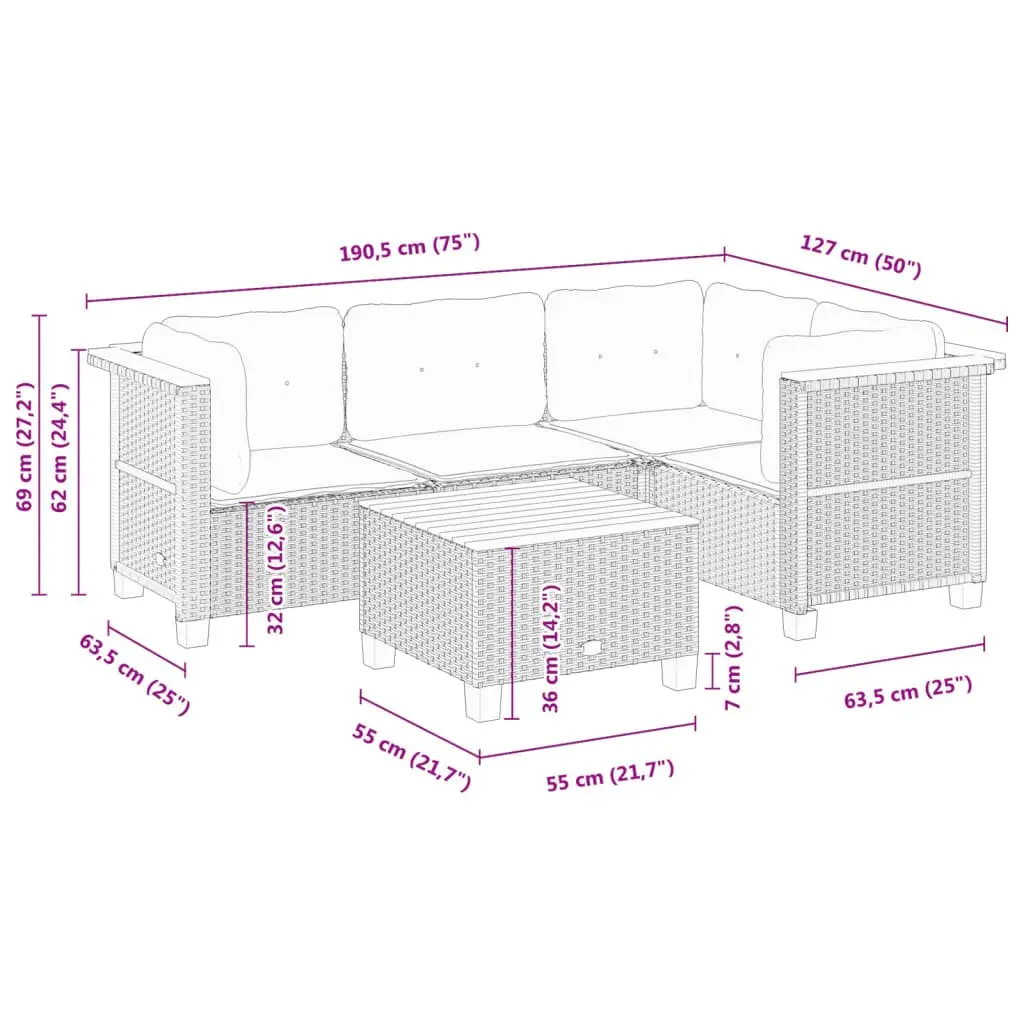 5 Piece Garden Sofa Set Grey Modular Outdoor Patio Furniture with Cushions