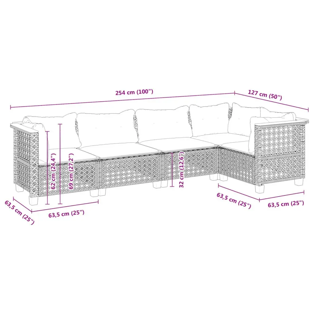 5 Piece Garden Sofa Set Outdoor Furniture Black Poly Rattan Cushions Patio