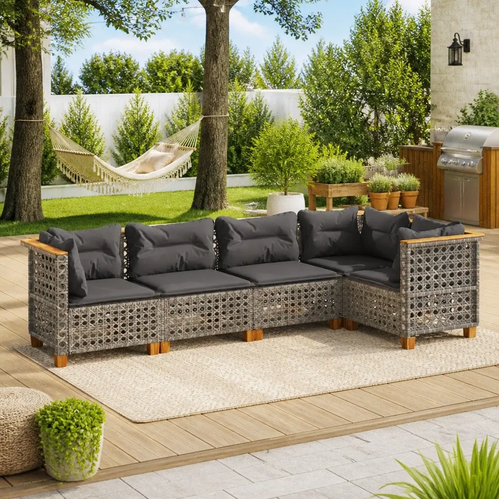 Garden Sofa Set Grey 5 Piece Modular Outdoor Furniture with Padded Cushions