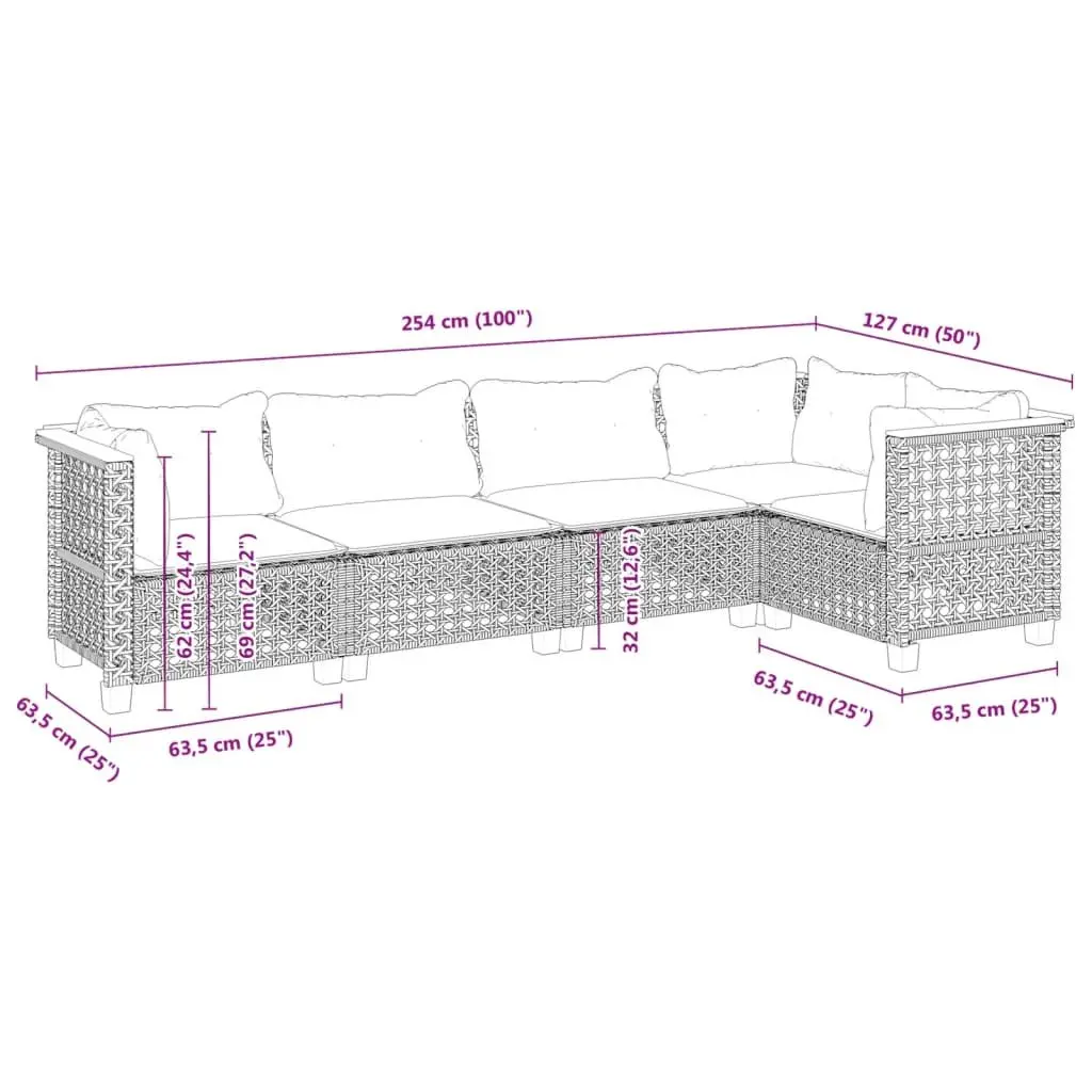 Garden Sofa Set Grey 5 Piece Modular Outdoor Furniture with Padded Cushions