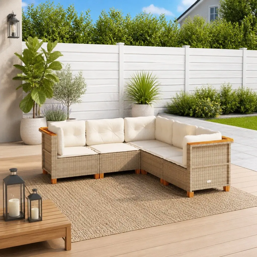 5 Piece Outdoor Garden Sofa Set Beige Poly Rattan with Cushions