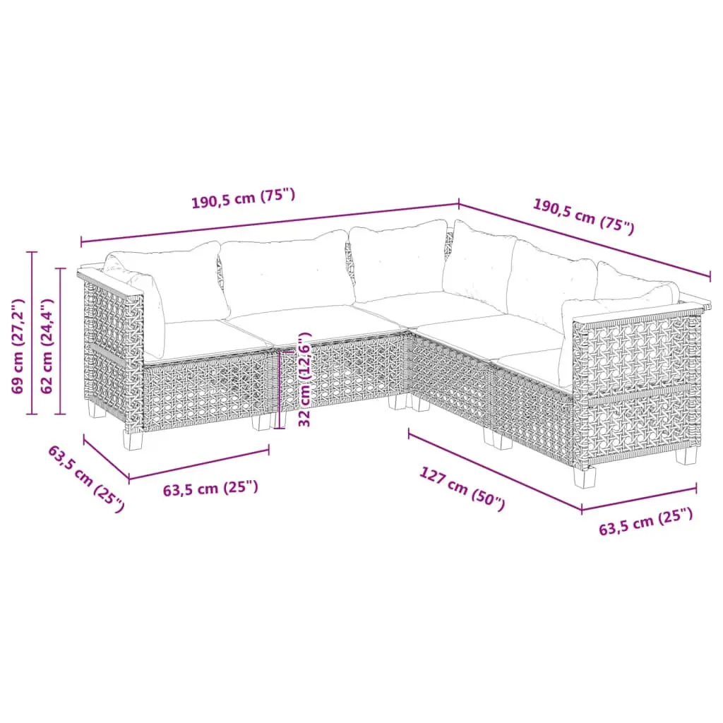 Garden Sofa Set Grey 5 Piece Modular Outdoor Furniture with Thick Cushions