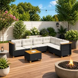 7 Piece Outdoor Garden Sofa Set Patio Furniture with Cushions Black Rattan