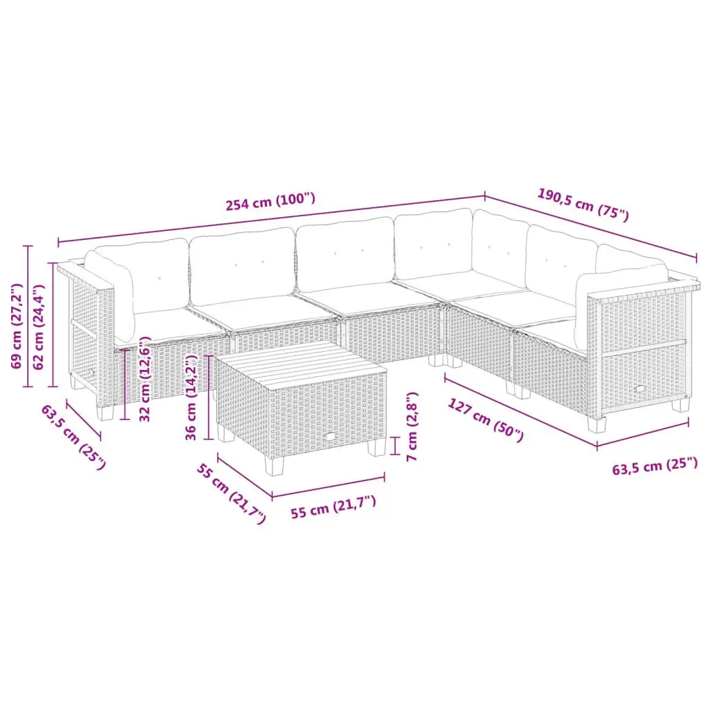 7 Piece Grey Outdoor Garden Sofa Set with Cushions Patio Furniture Rattan