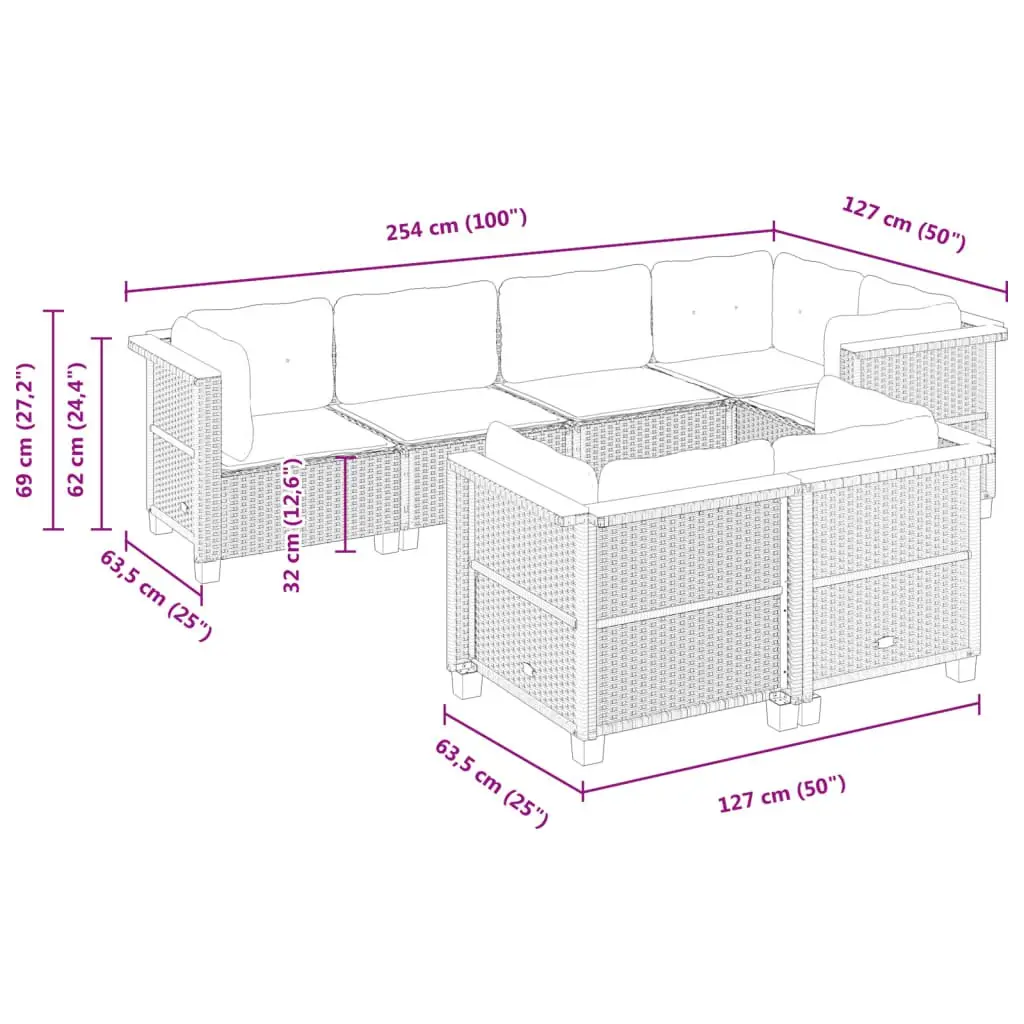 Garden Sofa Set Grey 7 Piece Modular Outdoor Furniture with Padded Cushions