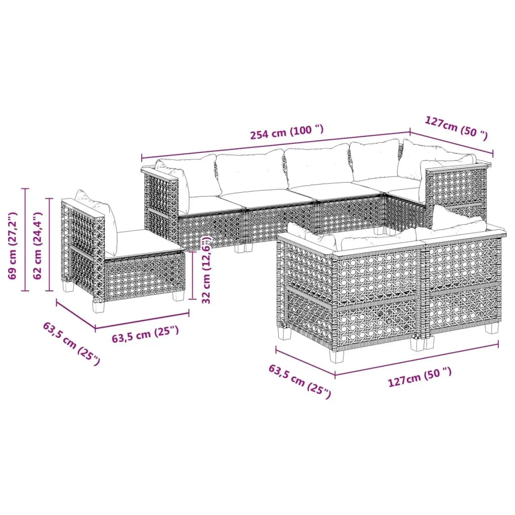 Garden Sofa Set Grey 8 Piece Outdoor Furniture Modular with Cushions