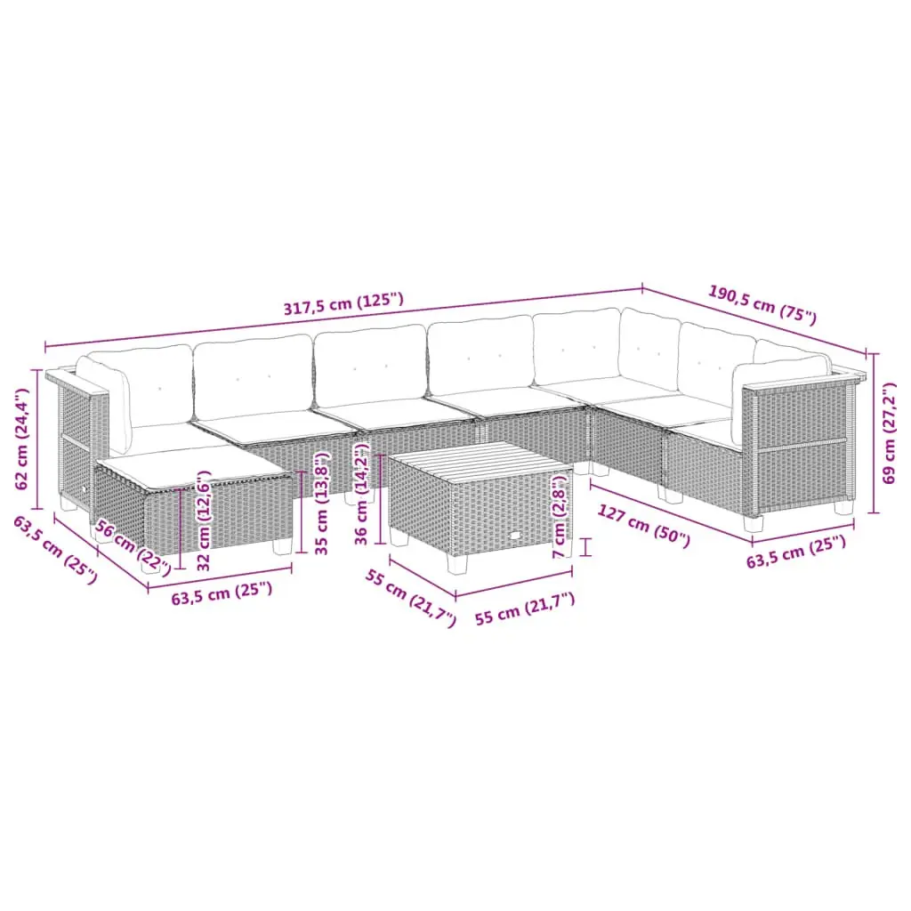 Garden Sofa Set Grey 9 Piece Modular Outdoor Furniture with Cushions Poly Rattan Acacia Wood Tabletop