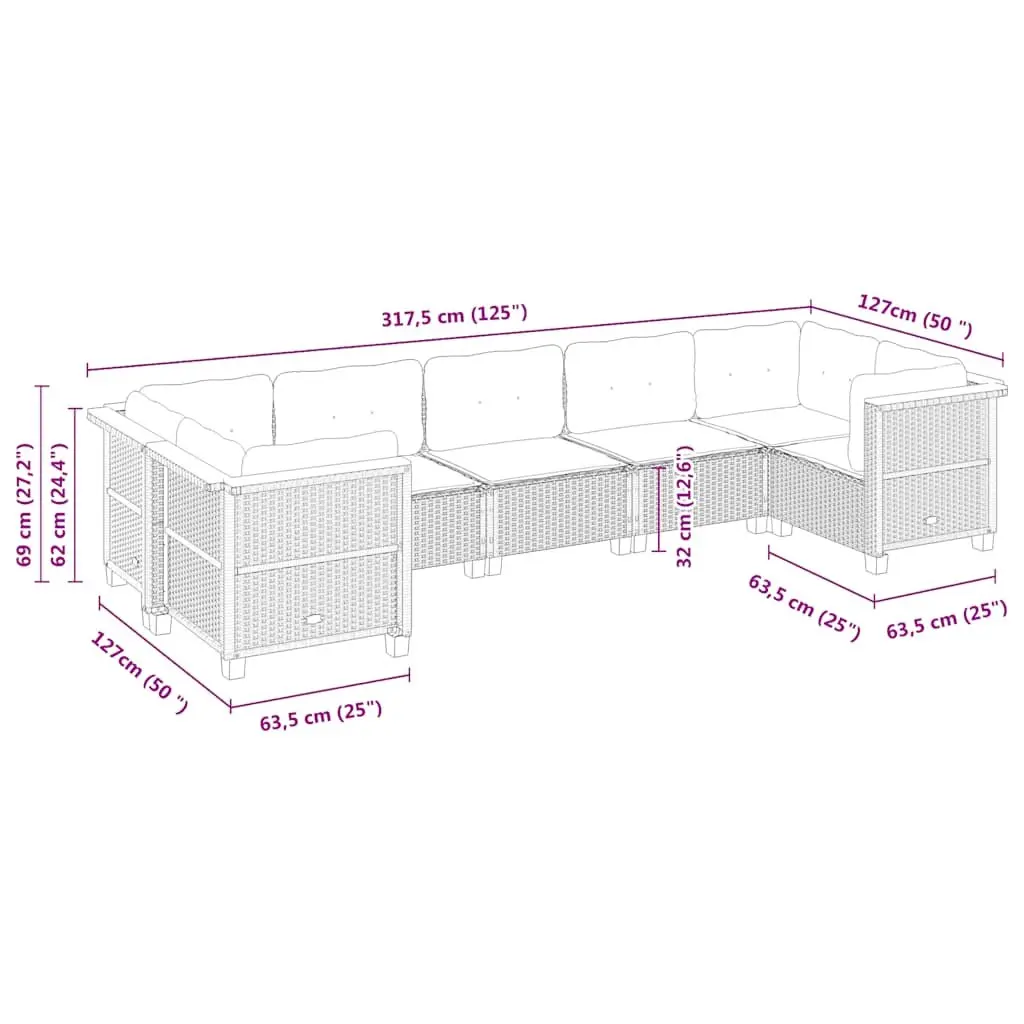 Garden Sofa Set Black 7 Piece Outdoor Modular Sectional with Cushions