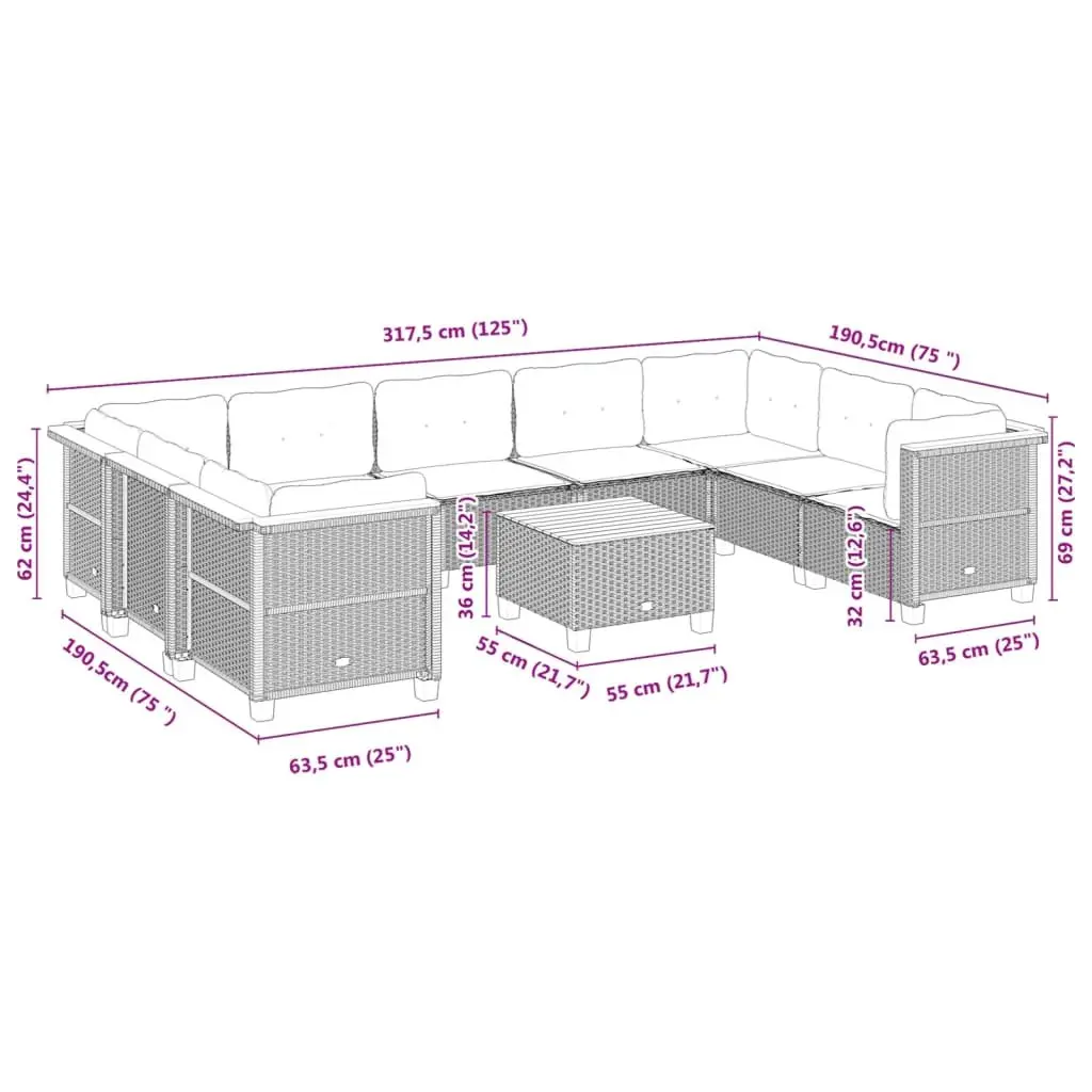 Garden Sofa Set 10 Piece Outdoor Furniture Grey Poly Rattan with Cushions Patio