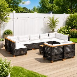 Garden Sofa Set 10 Piece Outdoor Furniture Black Poly Rattan with Cushions
