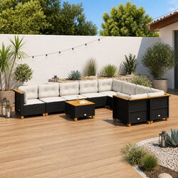 Concise 10 Piece Black Garden Sofa Set with Cushions