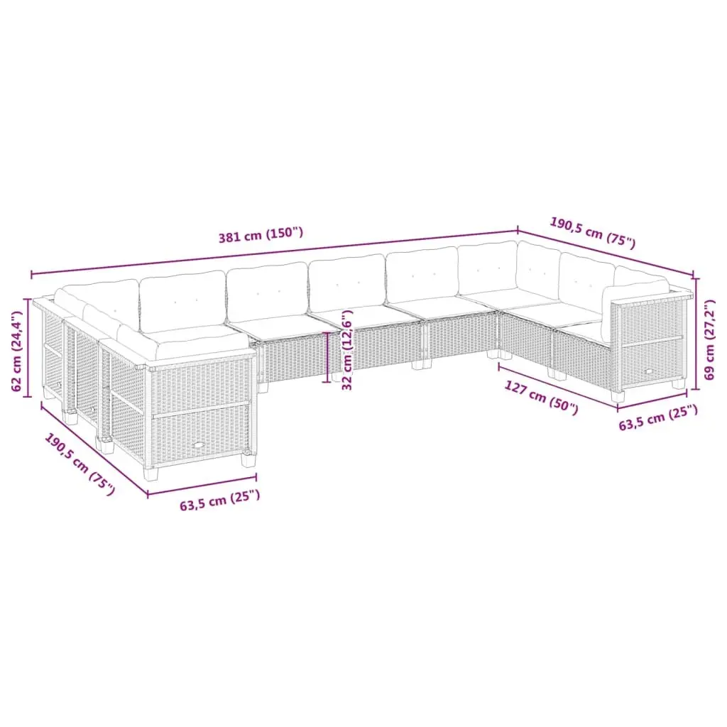 Garden Sofa Set 10 Piece Outdoor Furniture Grey Rattan Modular Patio Seating