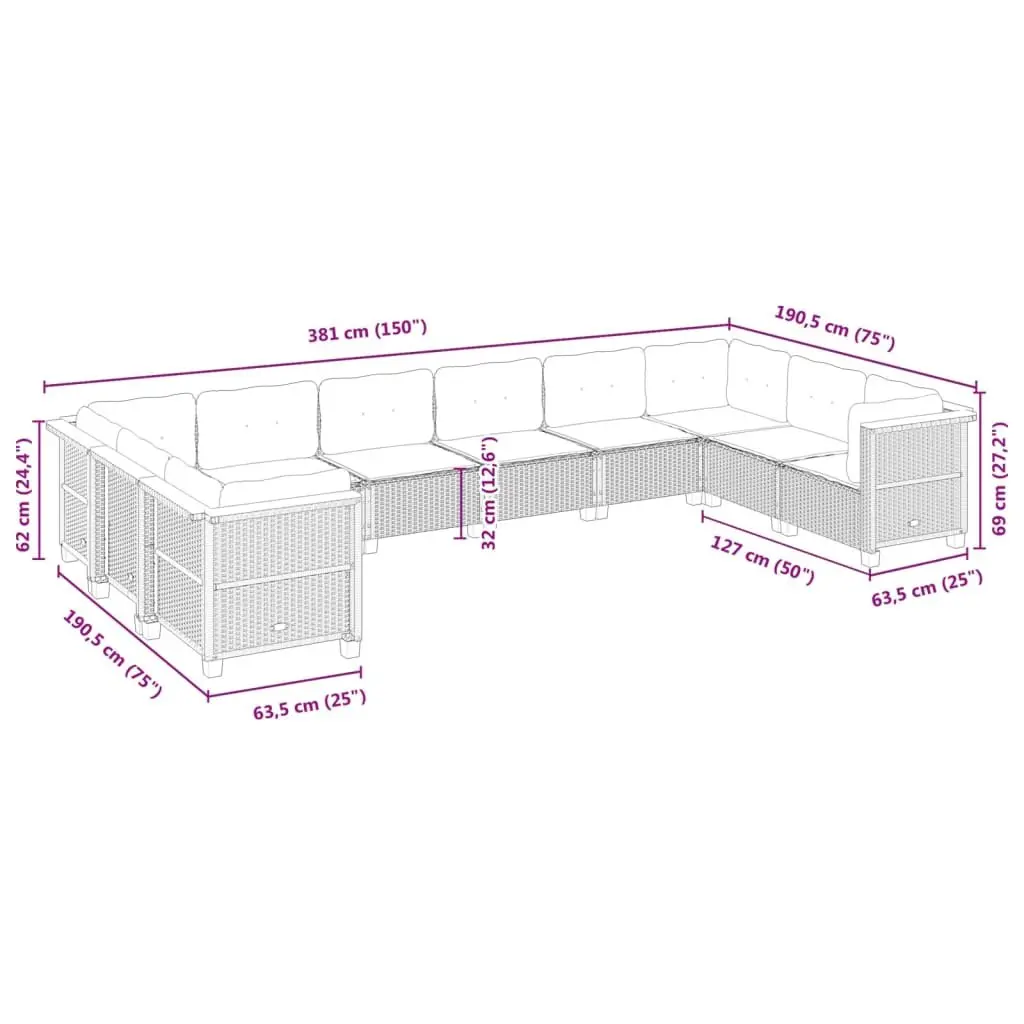 Garden Sofa Set 10 Piece Outdoor Furniture Beige with Cushions Patio Seating