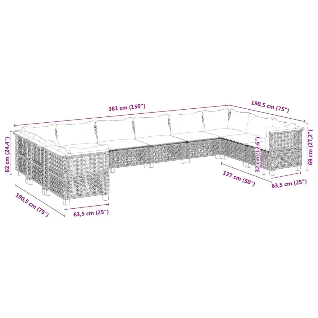 Garden Sofa Set 10 Piece Outdoor Furniture Grey Poly Rattan Modular Cushions