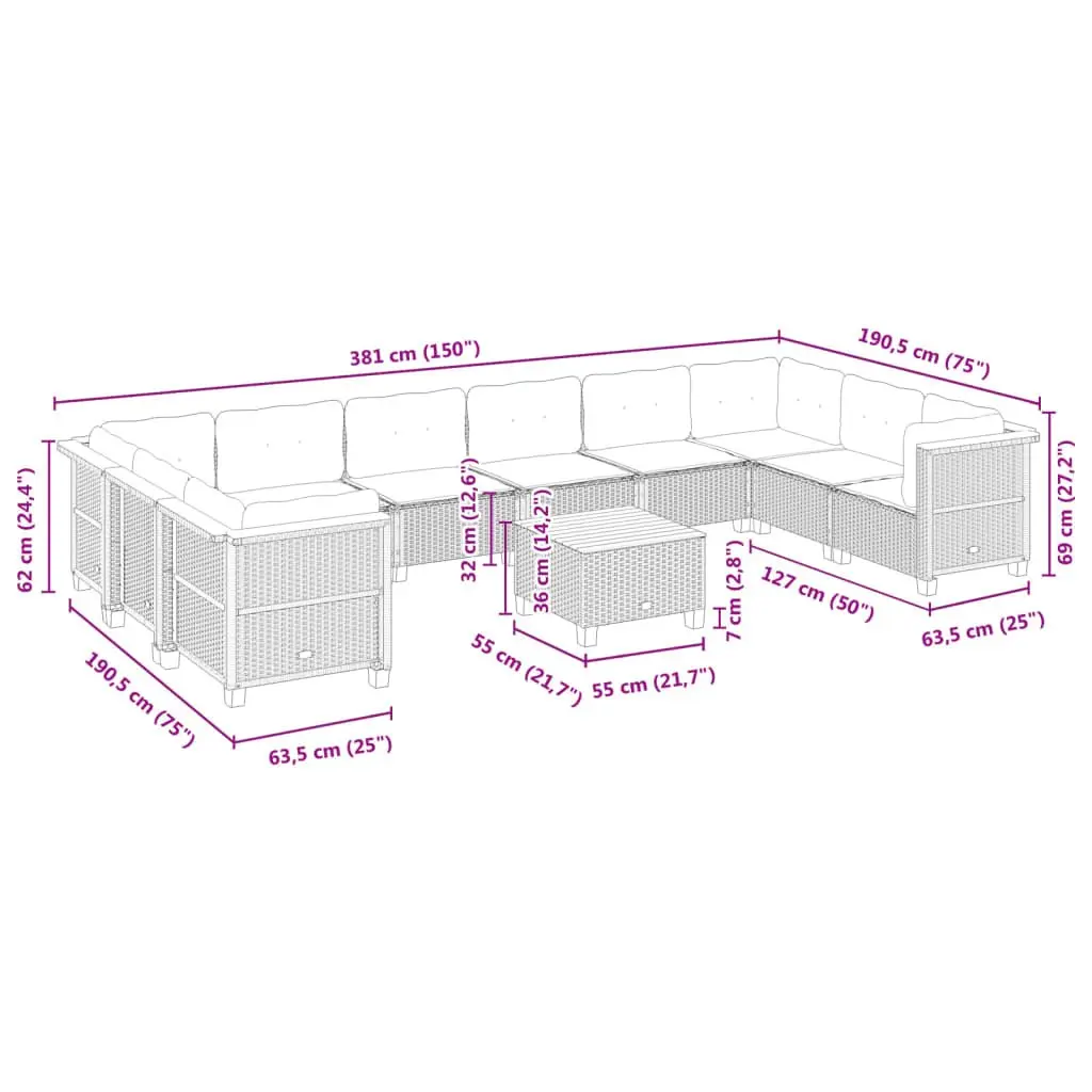 Garden Sofa Set Grey 11 Piece Outdoor Patio Furniture with Cushions Rattan