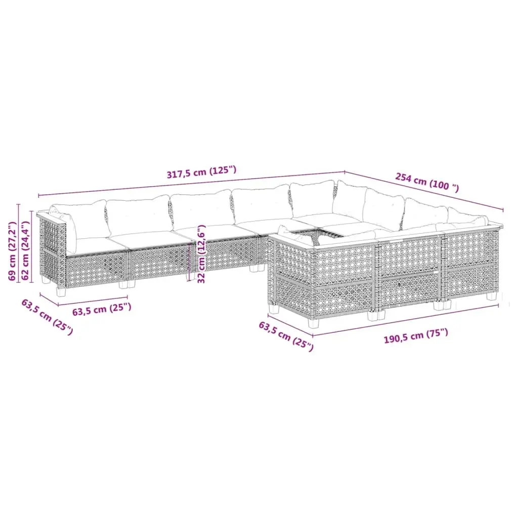 Garden Sofa Set 10 Piece Outdoor Patio Furniture Black Rattan Modular Sectional