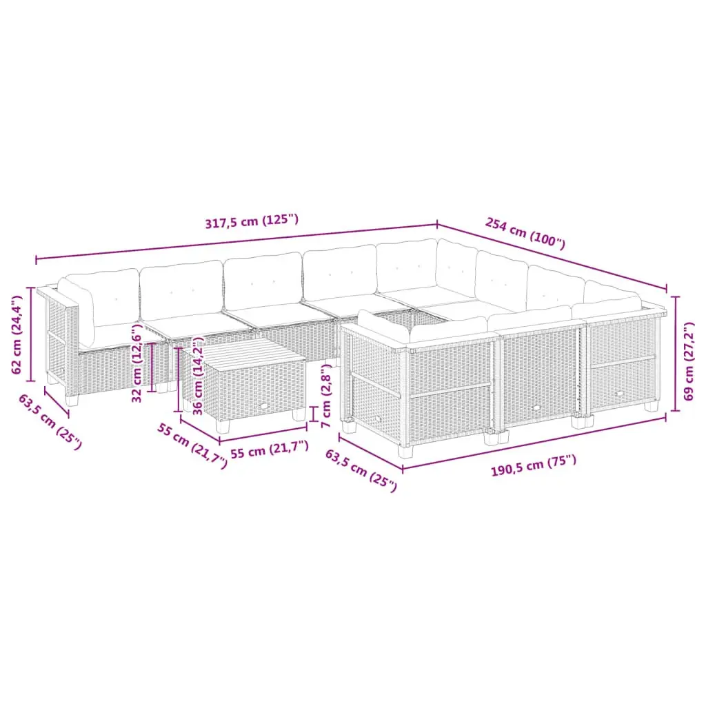Outdoor Garden Sofa Set Black 11 Piece Modular PE Rattan Furniture with Cushions and Acacia Wood Table