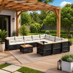 Garden Sofa Set 11 Piece Black Poly Rattan Outdoor Furniture Modular Patio
