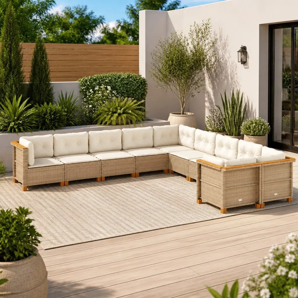 Garden Sofa Set 10 Piece Outdoor Furniture Beige Poly Rattan Modular with